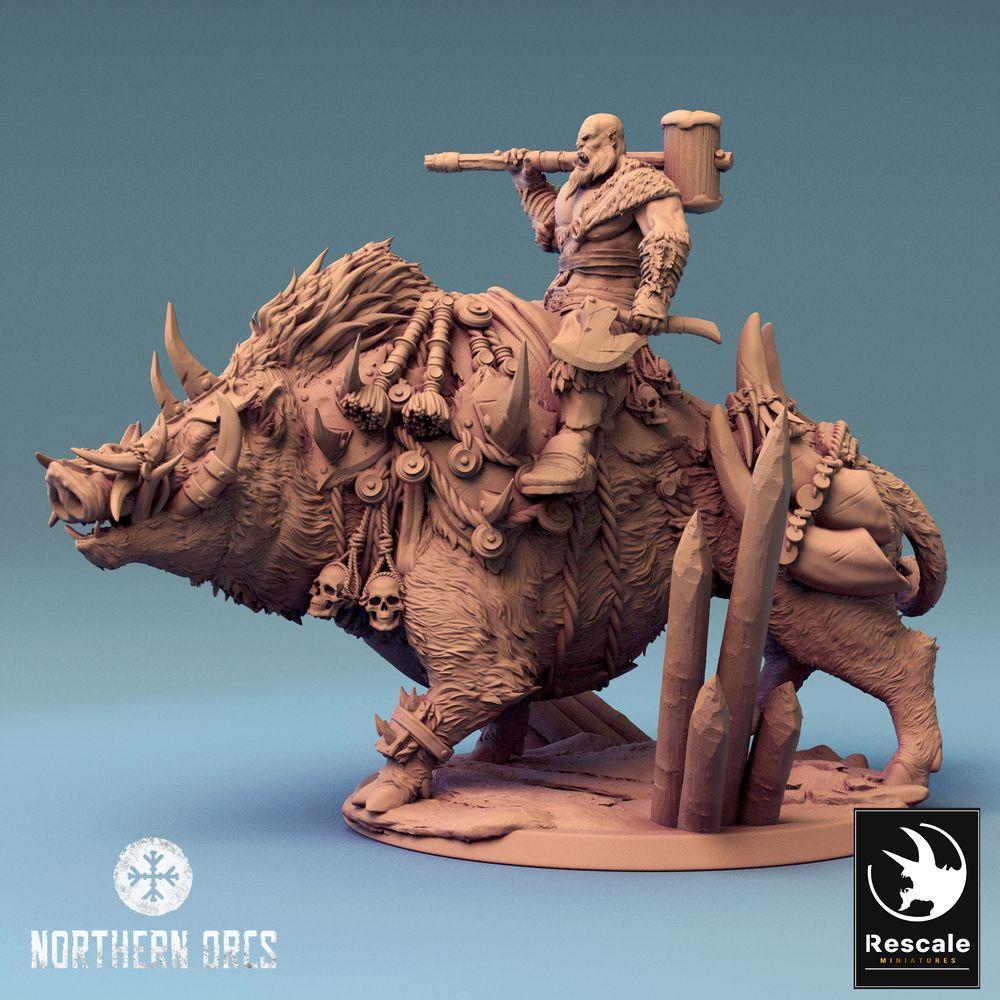 Product photo Tabletop 28mm Lord of the Print (LotP) 0: Tabletop miniature: Orc Boar Rider with Club, Warlord on Wild Boar, monstrous cavalry (24_04_S)