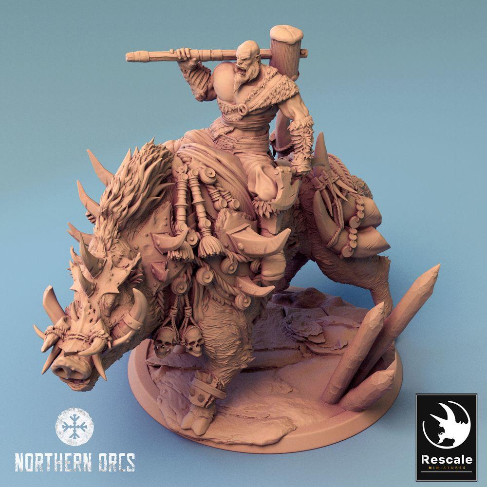 Product photo Tabletop 28mm Lord of the Print (LotP) 0: Tabletop miniature: Orc Boar Rider with Club, Warlord on Wild Boar, monstrous cavalry (24_04_S)