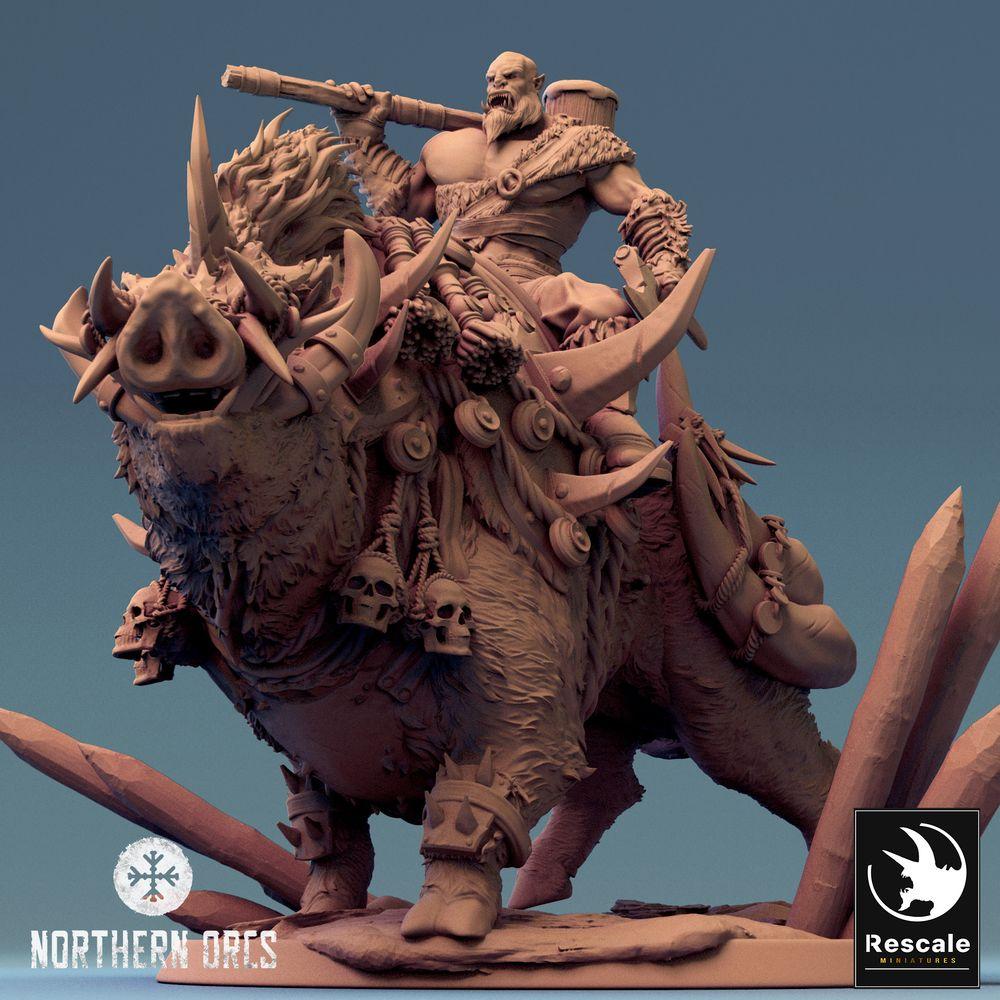 Product photo Tabletop 28mm Lord of the Print (LotP) 0: Tabletop miniature: Orc Boar Rider with Club, Warlord on Wild Boar, monstrous cavalry (24_04_S)