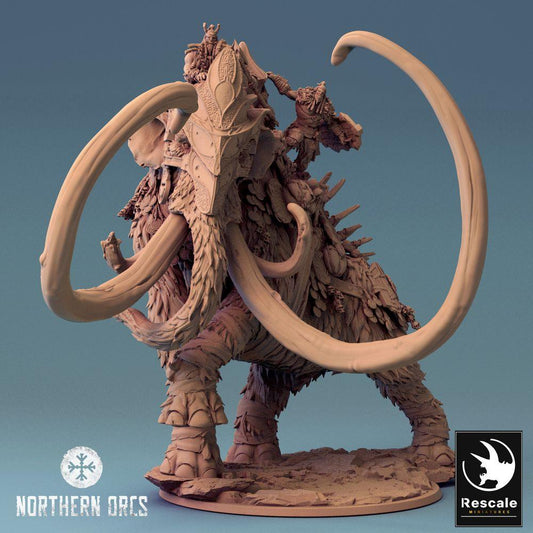 Product photo Tabletop 28mm Lord of the Print (LotP) 0: Tabletop miniature: War Mammoth, Frost Mammoth with Howdah and Beast Riders, War Mammoth Siege Beast (24_04_X)
