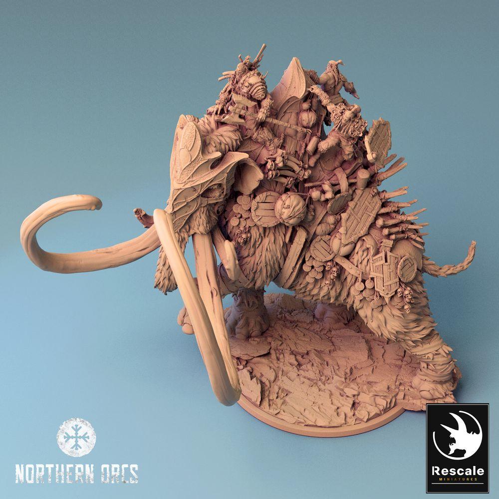 Product photo Tabletop 28mm Lord of the Print (LotP) 0: Tabletop miniature: War Mammoth, Frost Mammoth with Howdah and Beast Riders, War Mammoth Siege Beast (24_04_X)