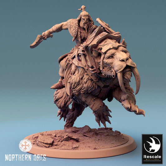 Product photo Tabletop 28mm Lord of the Print (LotP) 0: Fantasy Figure: Orc Beast Rider on Sabertooth War Beast, Barbaric War Leader with Scimitar - Monster Rider, Orc Beast Rider (24_04_C2)