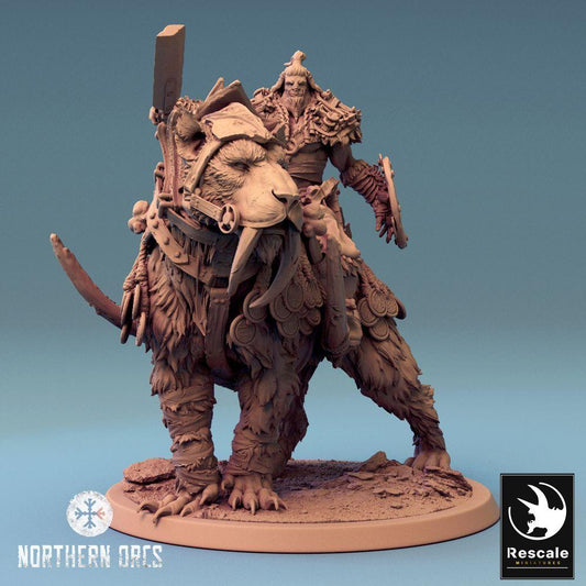 Product photo Tabletop 28mm Lord of the Print (LotP) 0: Tabletop miniature: Orc Warlord on Sabertooth Bear, Bear Rider, Beast Rider, monstrous cavalry, Barbarian Chief with Round Shield, Orc Warlord Bear Rider (24_04_C3)
