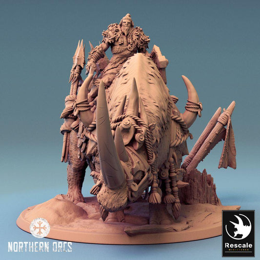 Product photo Tabletop 28mm Lord of the Print (LotP) 0: Tabletop miniature: Orc Warlord on Giant Rhinoceros, Beast Rider with Spear, Orc Rhino Rider (24_04_D2)