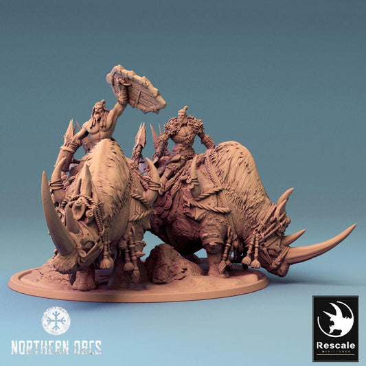 Product photo Tabletop 28mm Lord of the Print (LotP) 0: Tabletop miniature: Orc Warlord on Rhinoceros Warbeast, Beast Rider Pair, Monster Cavalry (24_04_D3)