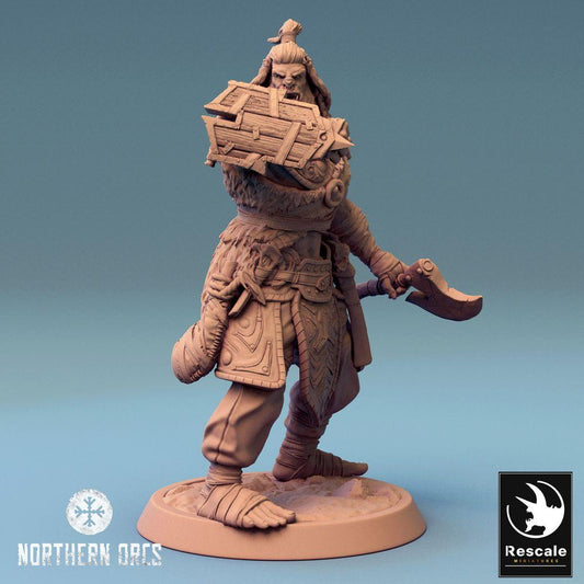 Product photo Tabletop 28mm Lord of the Print (LotP) 0: Tabletop miniature: Orc Warrior/Berserker with Hook Blade and Chest Shield, Orc Warrior (24_04_H1)