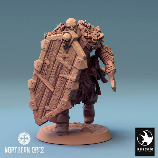 Product photo Tabletop 28mm Lord of the Print (LotP) 0: Tabletop miniature: Orc warrior with axe, frontline fighter in charge, shieldbreaker, Orc Soldier Axe Run (24_04_H2)