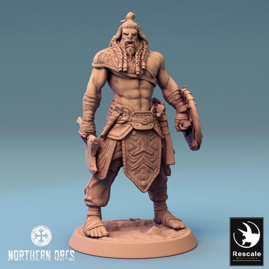 Product photo Tabletop 28mm Lord of the Print (LotP) 0: Tabletop miniature: Orc warrior with axe and round shield, barbarian, berserker, tribal warrior, warlord, champion, Orc warrior (24_04_H3)