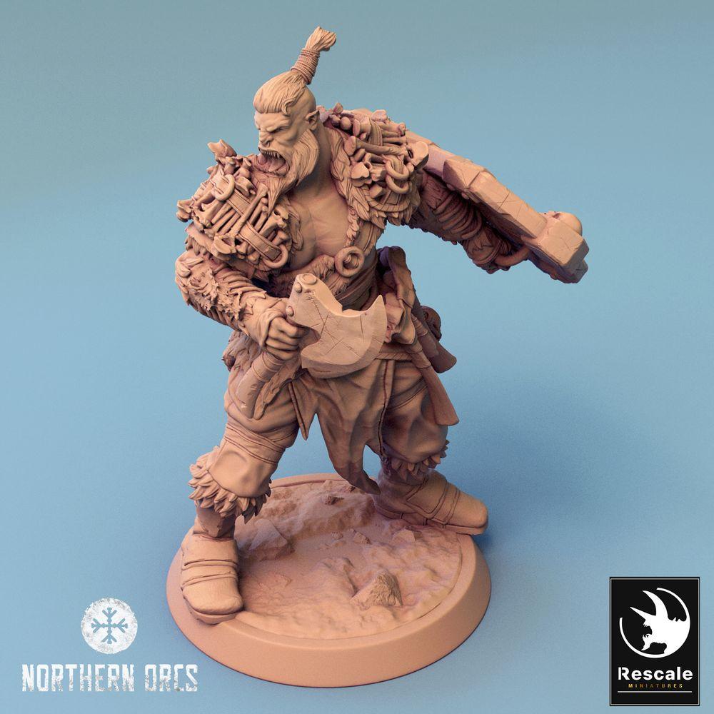 Product photo Tabletop 28mm Lord of the Print (LotP) 0: Tabletop miniature: Orc Warrior with axe and shield - Berserker, Champion, War Chief, roaring leader (24_04_H4)