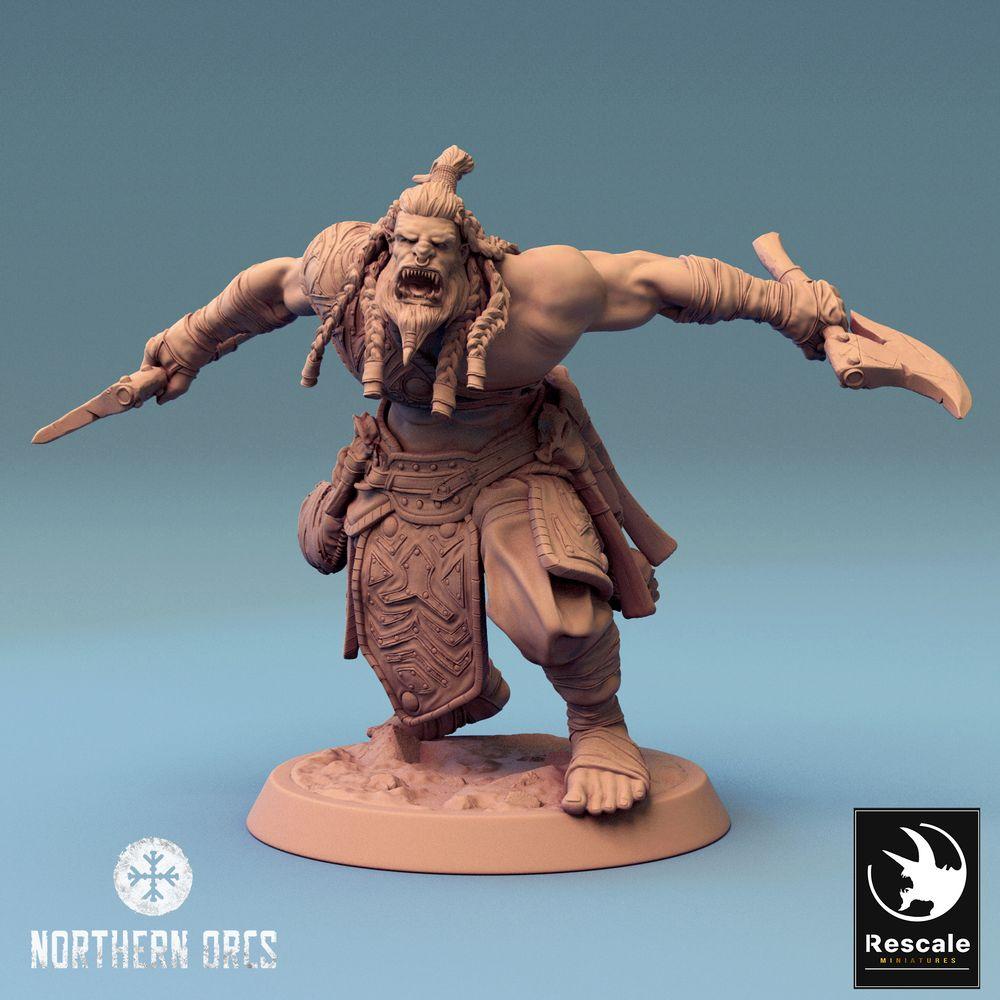 Product photo Tabletop 28mm Lord of the Print (LotP) 0: Tabletop miniature: Orc Berserker with axe and dagger - Orc Barbarian, axe fighter in battle cry (24_04_H6)