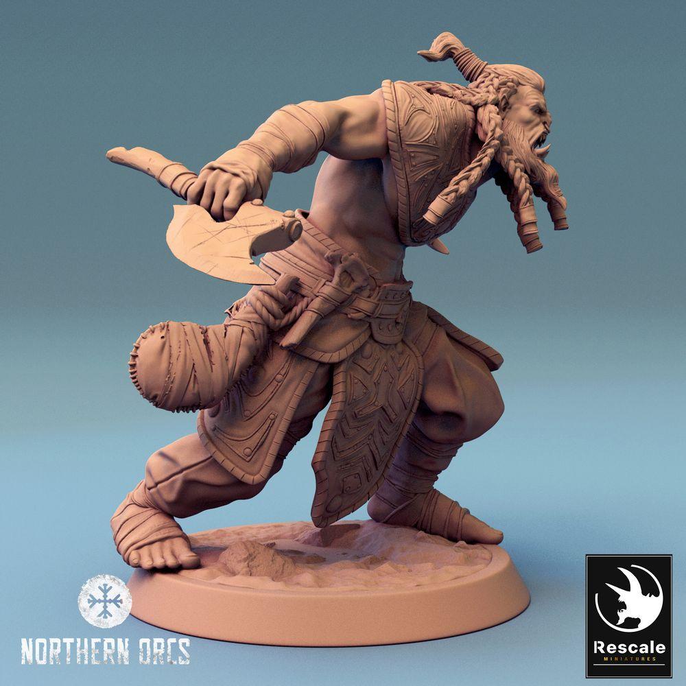 Product photo Tabletop 28mm Lord of the Print (LotP) 0: Tabletop miniature: Orc Berserker with axe and dagger - Orc Barbarian, axe fighter in battle cry (24_04_H6)
