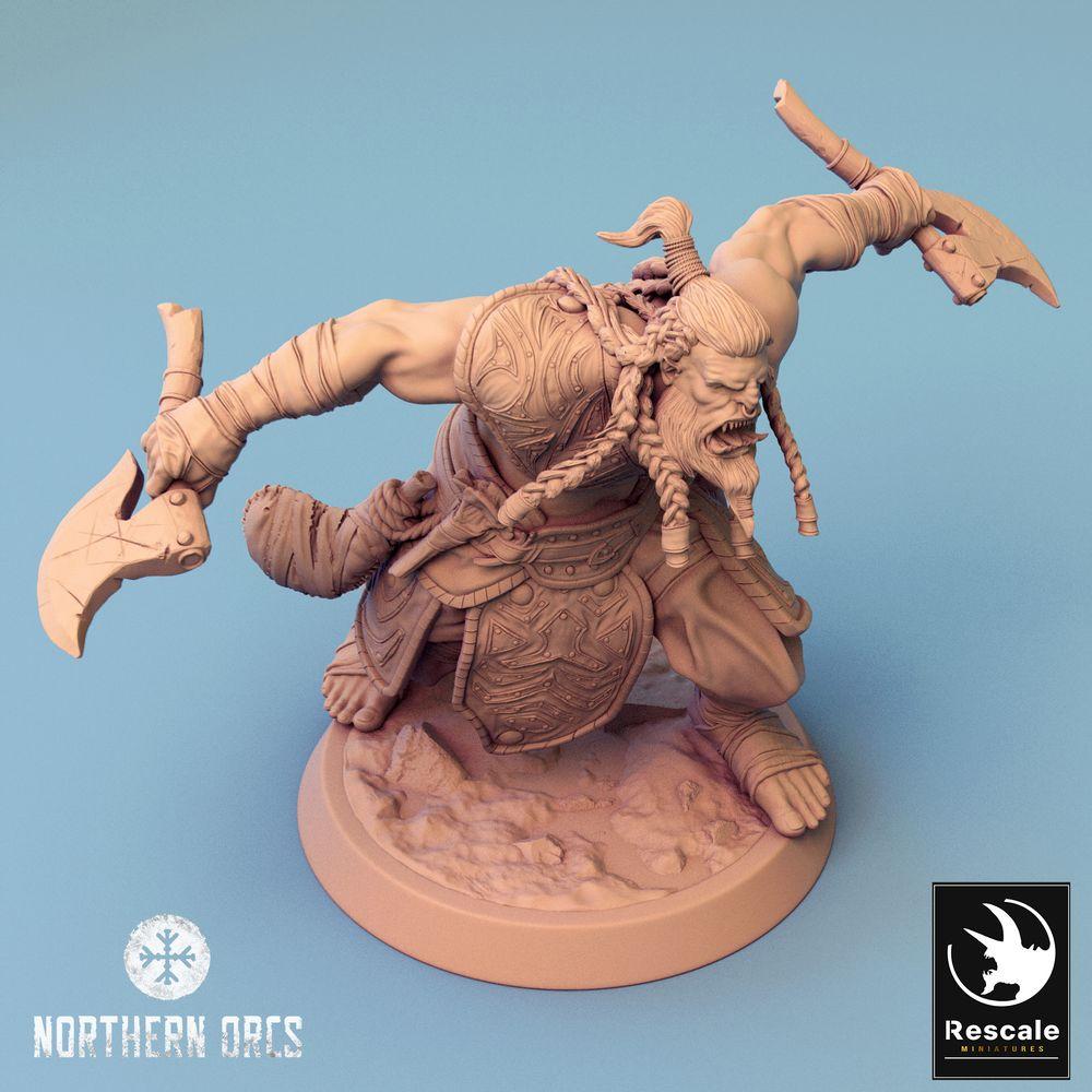 Product photo Tabletop 28mm Lord of the Print (LotP) 0: Tabletop miniature: Orc Berserker with axe and dagger - Orc Barbarian, axe fighter in battle cry (24_04_H6)