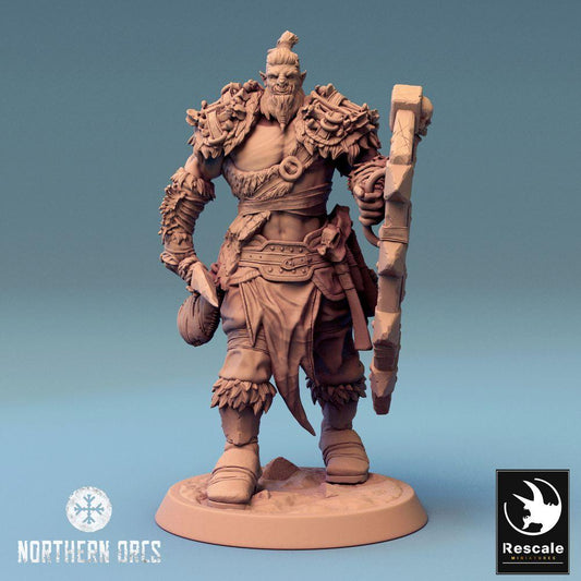 Product photo Tabletop 28mm Lord of the Print (LotP) 0: Tabletop miniature: Orc warrior with shield and axe, Warlord (24_04_G1)