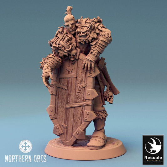 Product photo Tabletop 28mm Lord of the Print (LotP) 0: Tabletop miniature: Orc Shield Guard with Tower Shield, Orc Guard, Shield Fighter (24_04_F1)