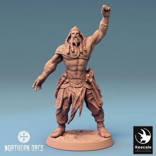 Product photo Tabletop 28mm Lord of the Print (LotP) 0: Fantasy Figure: Orc Warlord, Chief in the War Call - Barbaric Tribal Warrior (24_04_F2)