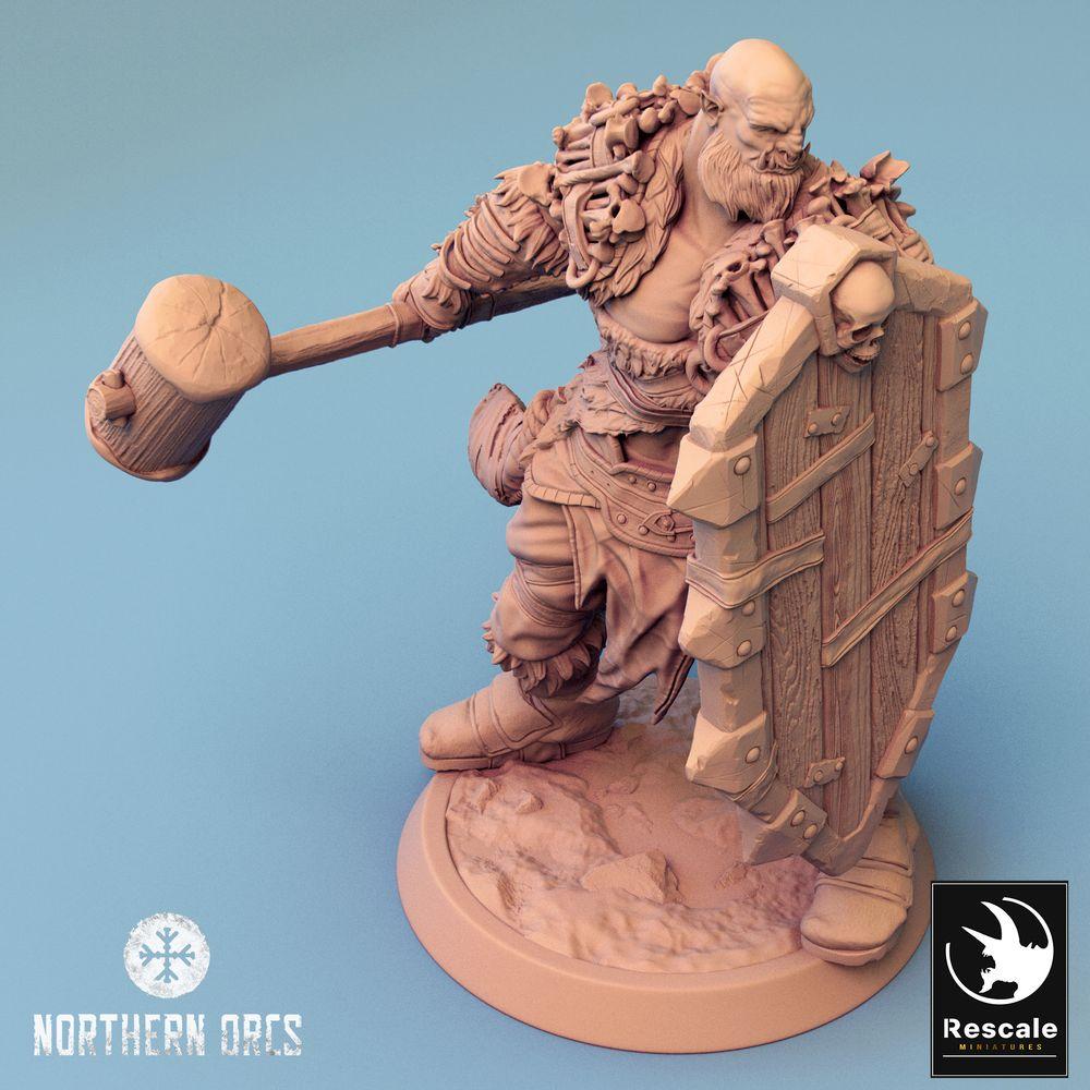 Product photo Tabletop 28mm Lord of the Print (LotP) 0: Tabletop miniature: Orc Warrior, Shieldbearer with Great Shield and Club, Melee Fighter, Orc Shieldbearer (24_04_I1)