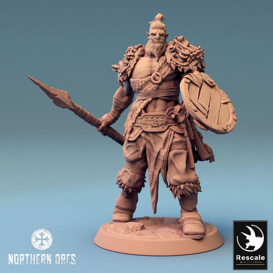 Product photo Tabletop 28mm Lord of the Print (LotP) 0: Tabletop miniature: Orc Spearman with Round Shield, Orc Spearman, Orc Warrior, Tribal Warrior, Shield Bearer (24_04_K2)