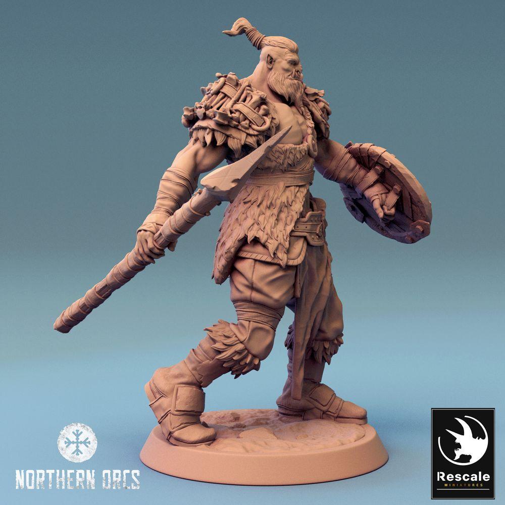 Product photo Tabletop 28mm Lord of the Print (LotP) 0: Tabletop miniature: Orc Spearman with round shield, Orc Spearman, Orc Warrior, Tribal Warrior, Shield Bearer (24_04_K2)
