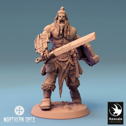 Product photo Tabletop 28mm Lord of the Print (LotP) 0: Tabletop miniature: Orc Warrior - roaring barbarian with greatsword and shield, Berserker (24_04_J1)