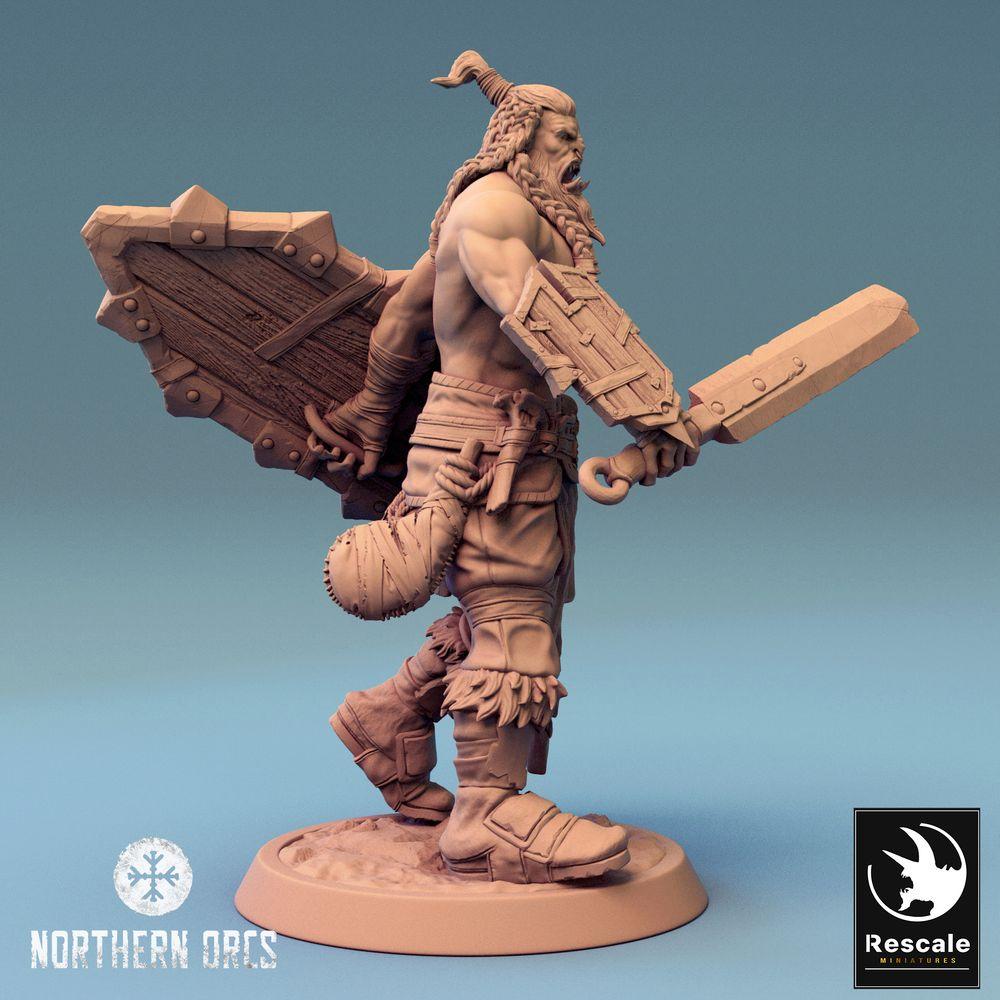 Product photo Tabletop 28mm Lord of the Print (LotP) 0: Tabletop miniature: Orc warrior - roaring barbarian with greatsword and shield, berserker (24_04_J1)