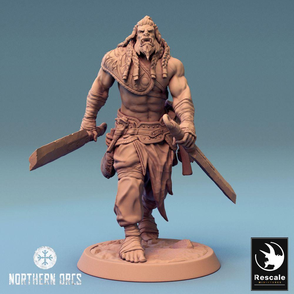 Product photo Tabletop 28mm Lord of the Print (LotP) 0: Tabletop miniature: Orc Warrior, Berserker with dual blades, dual-wield swordsman, tribal warrior (24_04_J2)