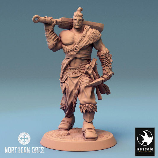 Product photo Tabletop 28mm Lord of the Print (LotP) 0: Tabletop miniature: Orc Warrior with hand cannon and axe, barbarian gunner, Warband Champion, Orc Warrior (24_04_J3)