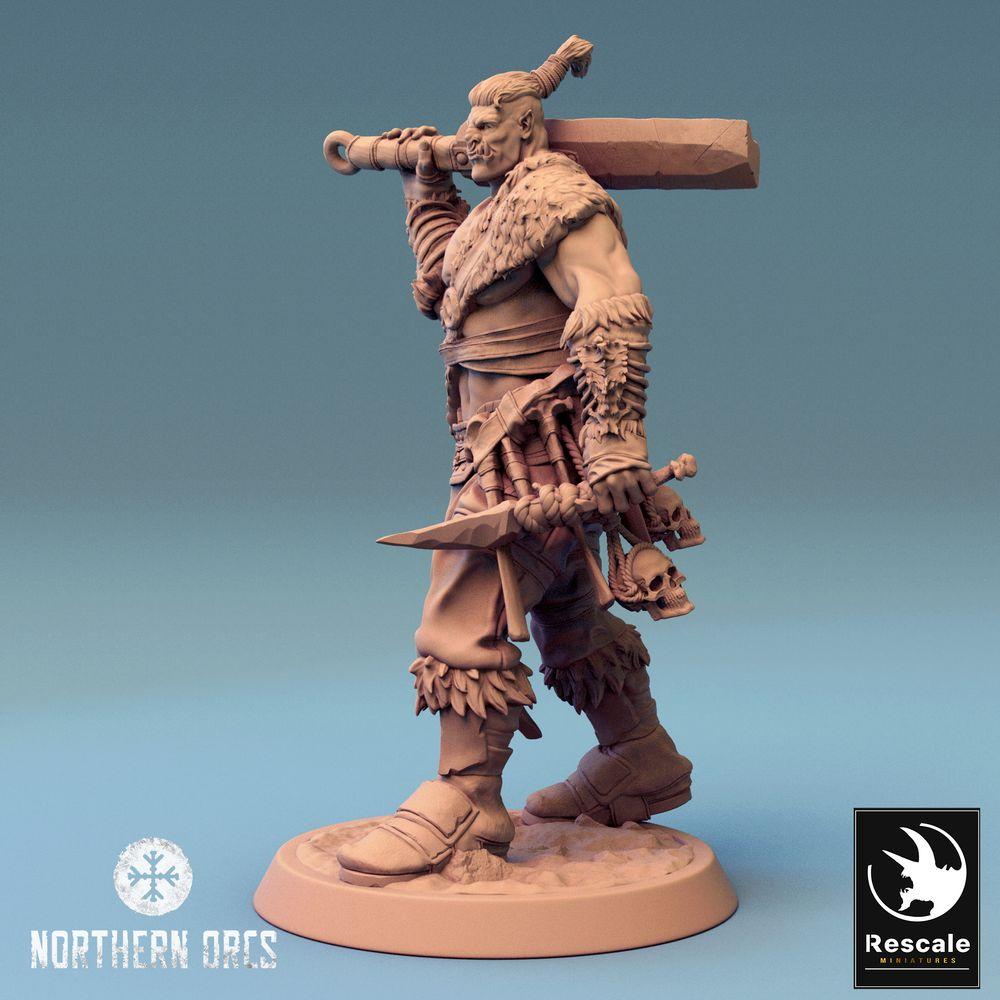 Product photo Tabletop 28mm Lord of the Print (LotP) 0: Tabletop miniature: Orc Warrior with hand cannon and axe, barbarian gunner, warband champion, Orc Warrior (24_04_J3)