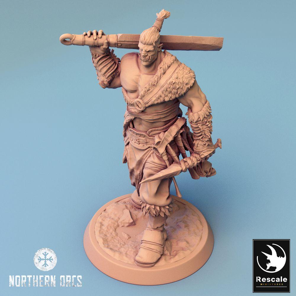 Tabletop photo 28mm Lord of the Print (LotP) 0: Tabletop miniature: Orc Warrior with Hand Cannon and Axe, Barbarian Gunner, Warband Champion, Orc Warrior (24_04_J3)