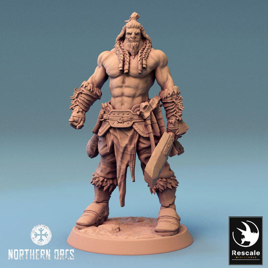 Product photo Tabletop 28mm Lord of the Print (LotP) 0: Tabletop miniature: Orc Berserker with Warhammer - Tribal Warrior, Warlord (24_04_J4)