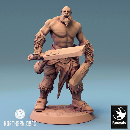 Product photo Tabletop 28mm Lord of the Print (LotP) 0: Fantasy Figure: Orc Warrior, Berserker with Two Swords, Tribe Champion (Orc Dual Wield Warrior) (24_04_J5)