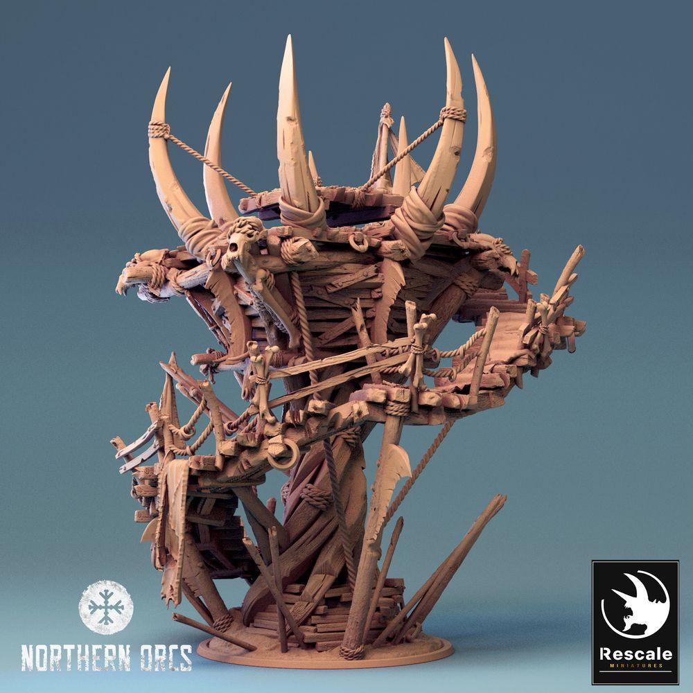 Product photo Tabletop 28mm Lord of the Print (LotP) 0: Tabletop terrain: Orc Watchtower, War Platform, Trophy Tower, War Shrine, Outpost, Orc Watchtower (24_04_W)