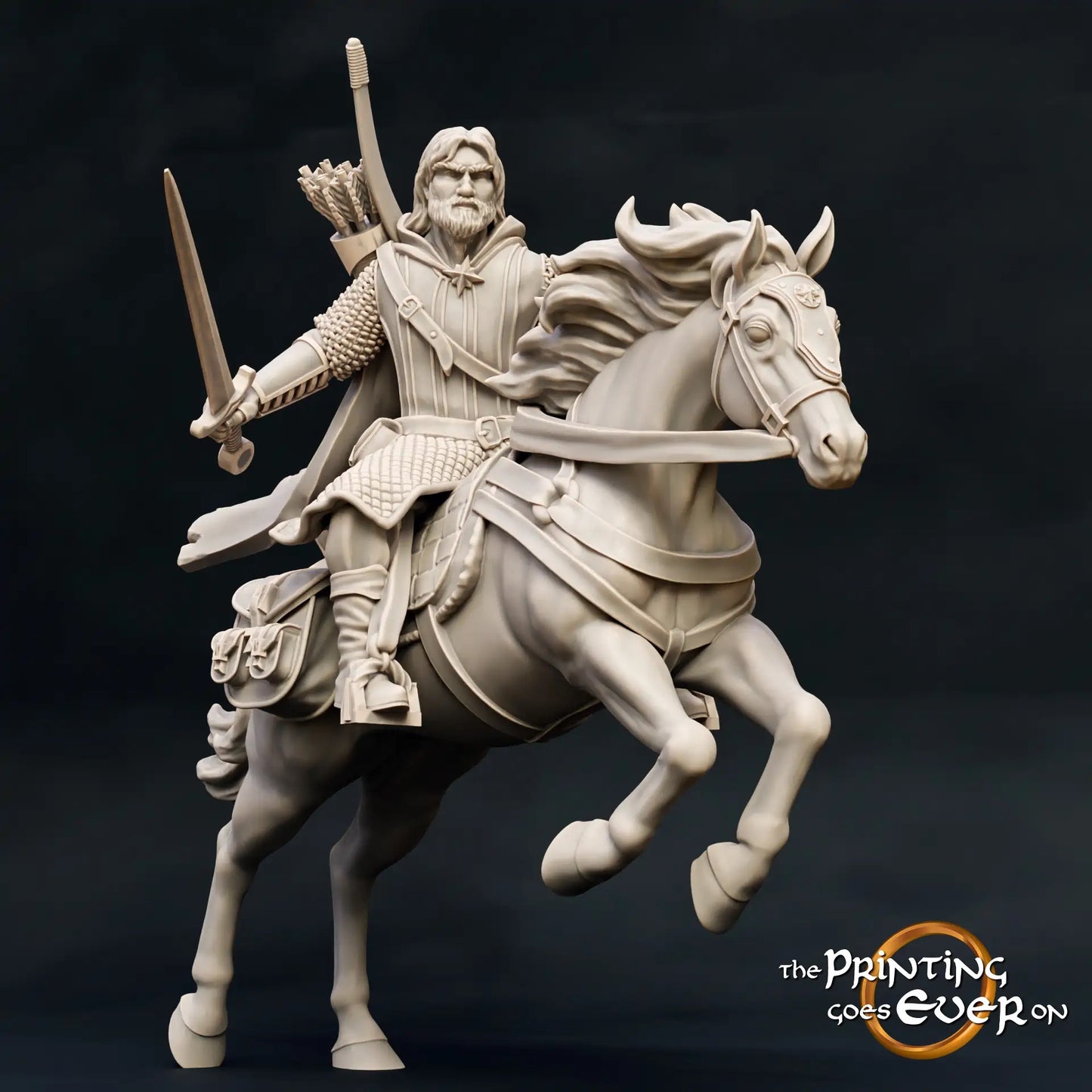 Product photo Tabletop 28mm The Printing Goes Ever On (TPGEO) 0: Ranger of the Woodland: Ranger from the Woodlands with sword, spear, and bow mounted