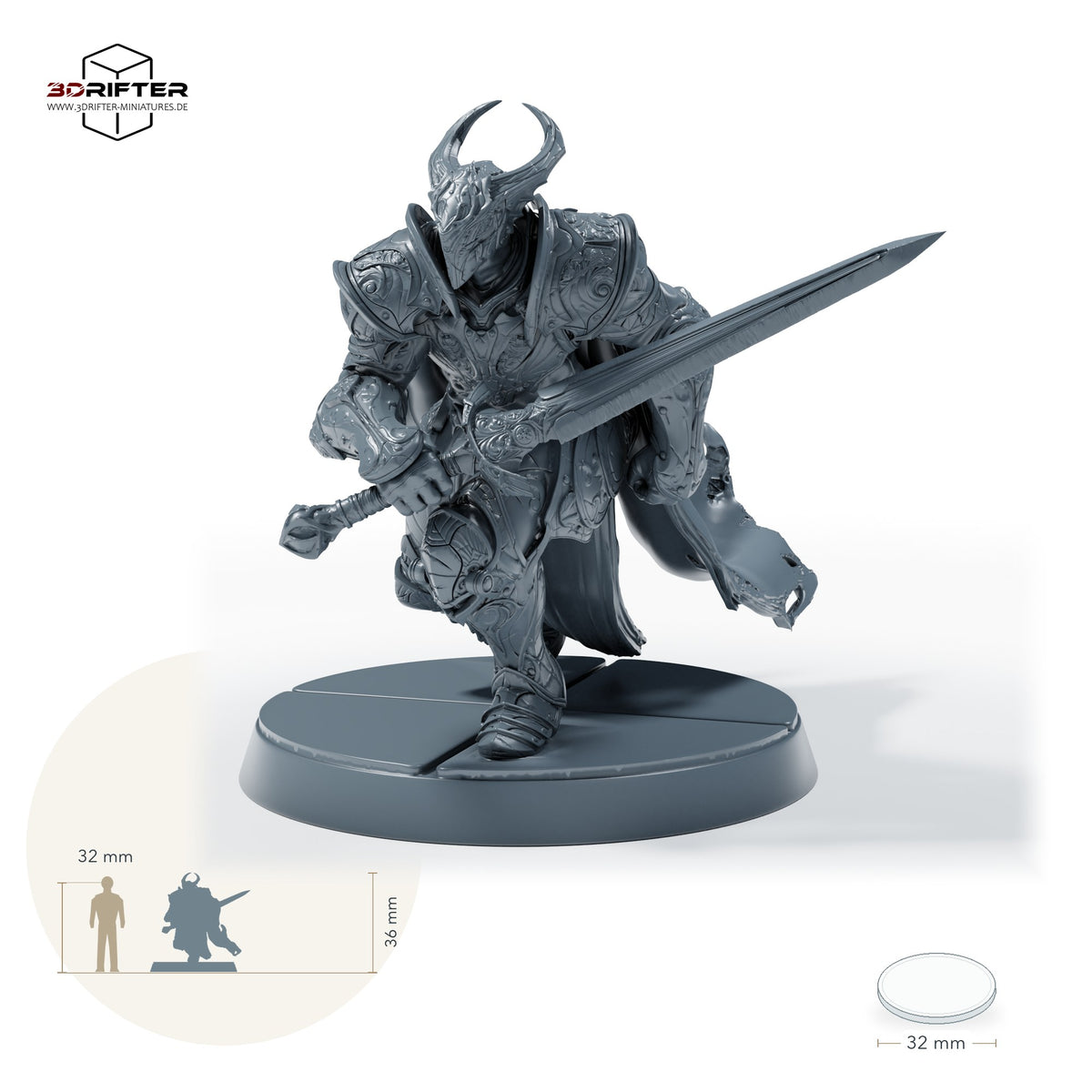 Bahamut-Ritter mit Schwert – B: Größenvergleich, ca. 36 mm Gesamthöhe inklusive Base und höchstem Teil, mit 32-mm-Referenzfigur.