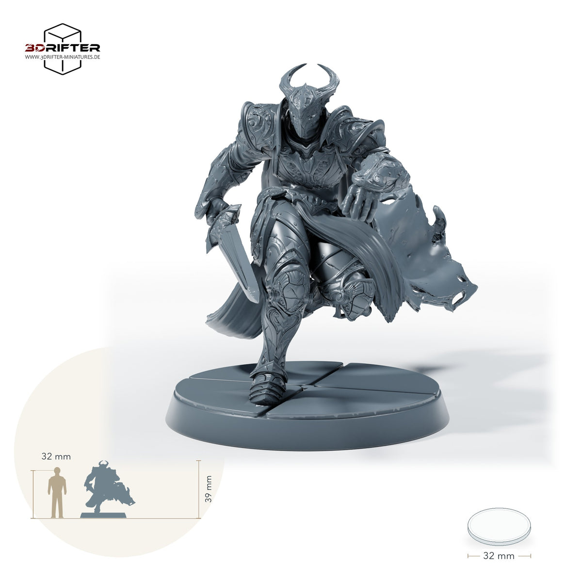 Bahamut-Ritter mit Schwert – C: Größenvergleich, ca. 39 mm Gesamthöhe inklusive Base und höchstem Teil, mit 32-mm-Referenzfigur.
