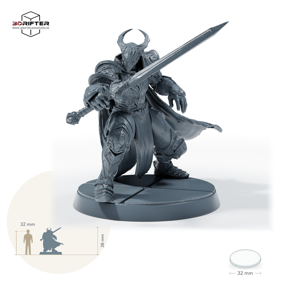 Bahamut-Ritter mit Schwert – D: Größenvergleich, ca. 38 mm Gesamthöhe inklusive Base und höchstem Teil, mit 32-mm-Referenzfigur.
