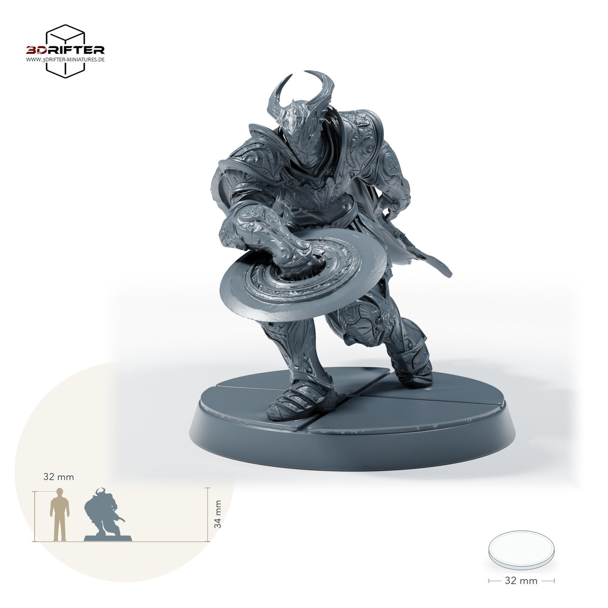 Bahamut-Ritter mit Ringklinge – B: Größenvergleich, ca. 34 mm Gesamthöhe inklusive Base und höchstem Teil, mit 32-mm-Referenzfigur.