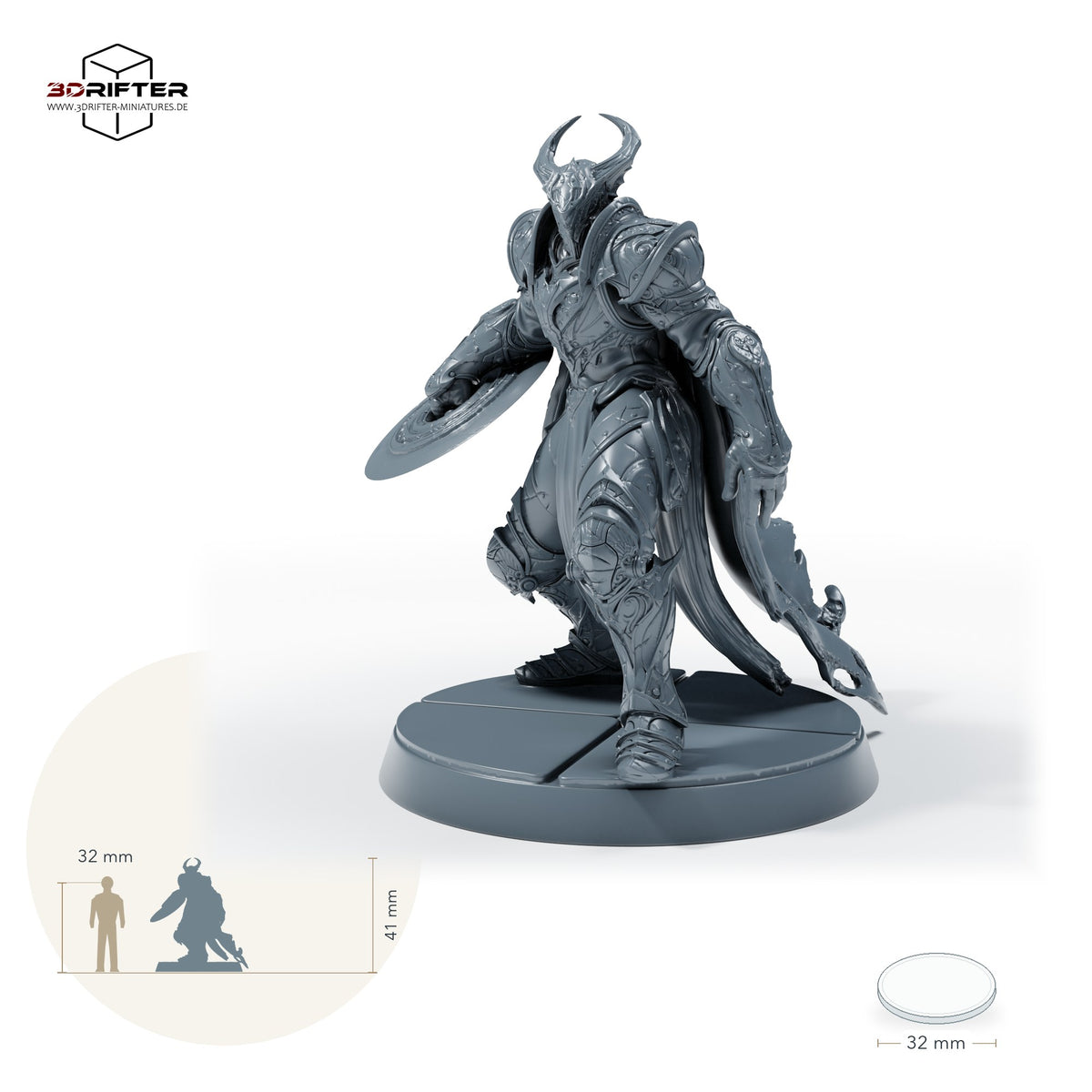 Bahamut-Ritter mit Ringklinge – C: Größenvergleich, ca. 41 mm Gesamthöhe inklusive Base und höchstem Teil, mit 32-mm-Referenzfigur.