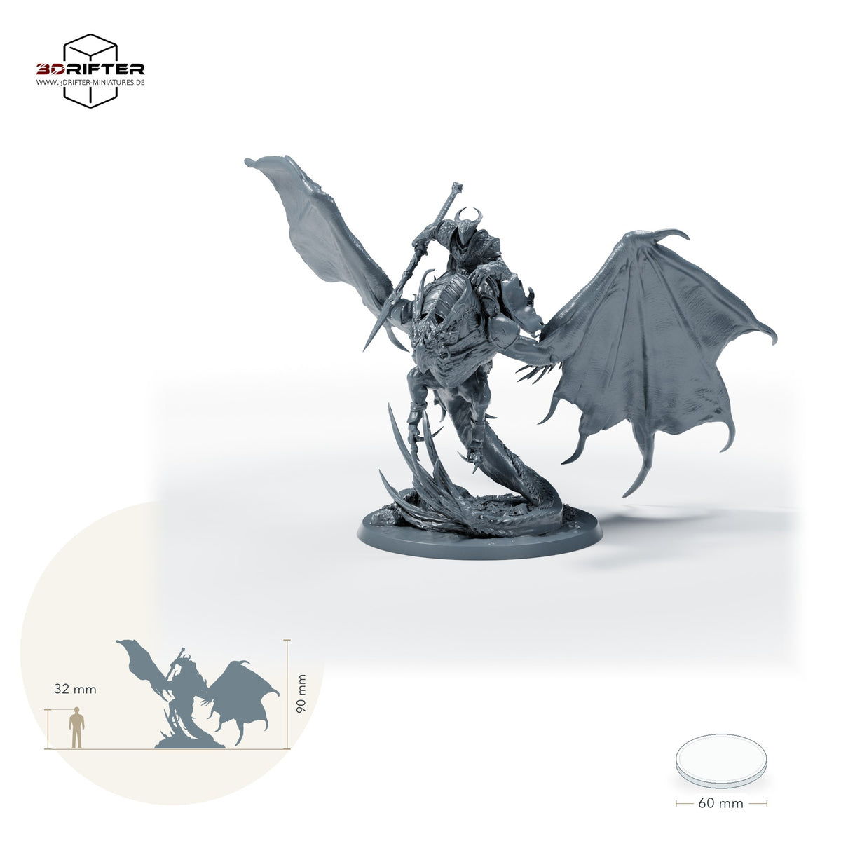 Wyvern mit Reiteroption – Mit Reiter: Größenvergleich, ca. 90 mm Gesamthöhe inklusive Base und höchstem Teil, mit 32-mm-Referenzfigur.
