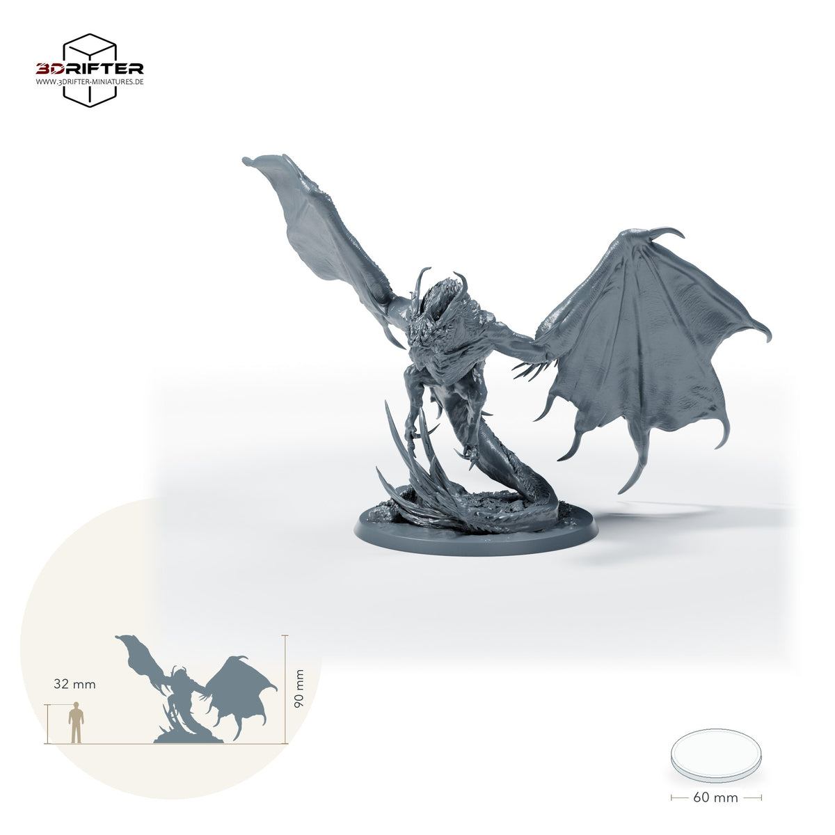 Wyvern mit Reiteroption – Ohne Reiter: Größenvergleich, ca. 90 mm Gesamthöhe inklusive Base und höchstem Teil, mit 32-mm-Referenzfigur.