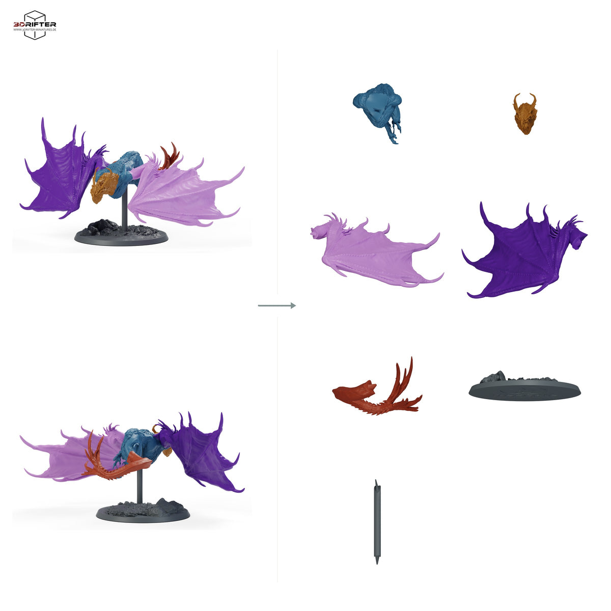 Gepanzerter Wyvern-Reiter – Ohne Reiter: Bauteilübersicht mit Vorder- und Rückansicht sowie 7 farblich markierten Einzelteilen.