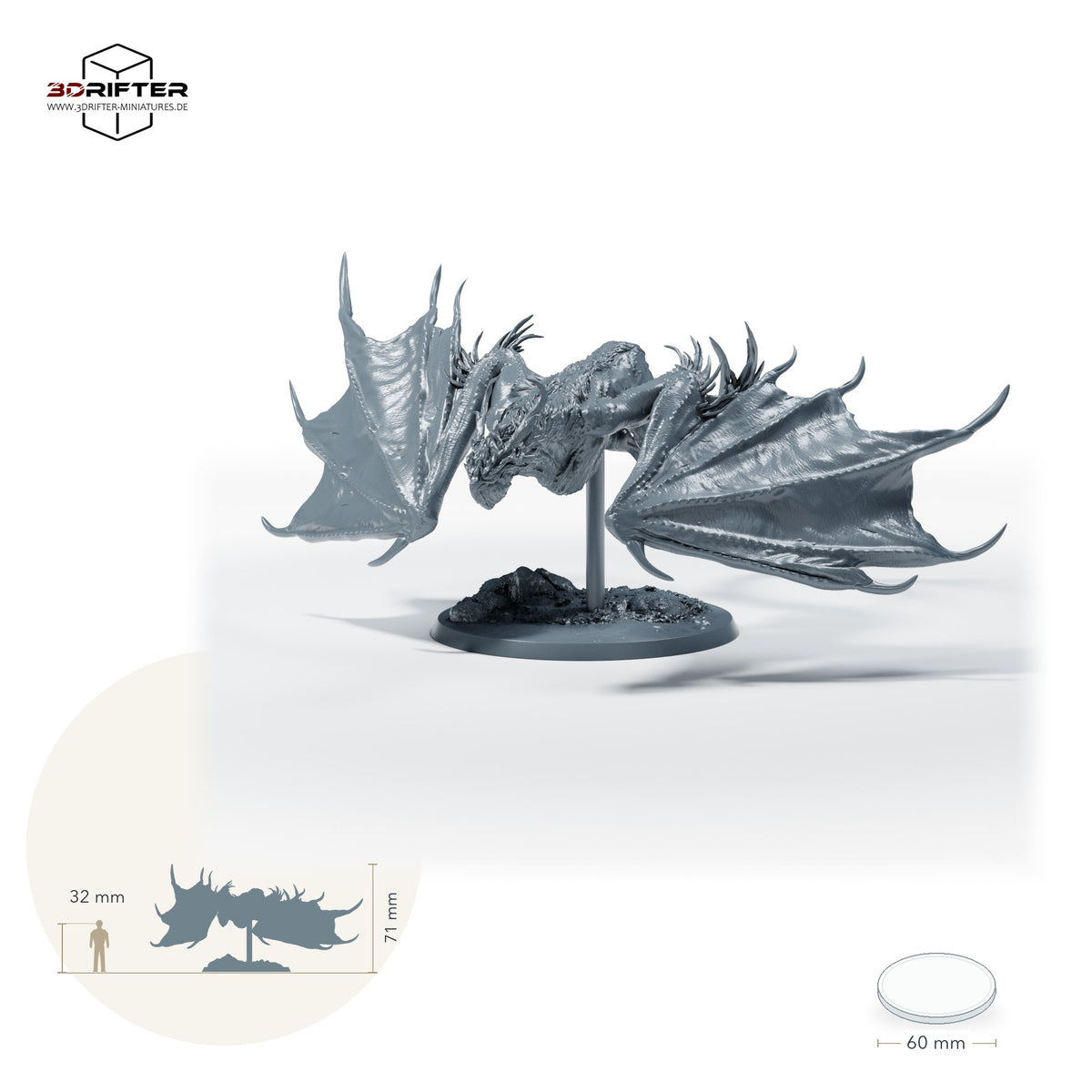 Gepanzerter Wyvern-Reiter – Ohne Reiter: Größenvergleich, ca. 71 mm Gesamthöhe inklusive Base und höchstem Teil, mit 32-mm-Referenzfigur.