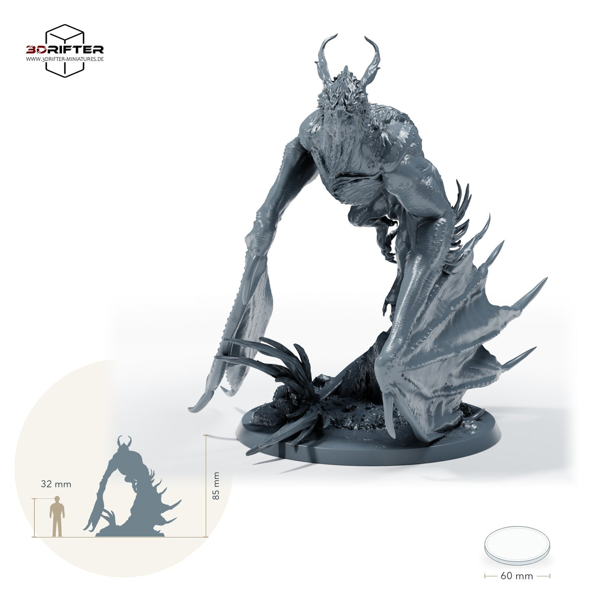 Wyvernreiter mit Speer – Ohne Reiter: Größenvergleich, ca. 85 mm Gesamthöhe inklusive Base und höchstem Teil, mit 32-mm-Referenzfigur.