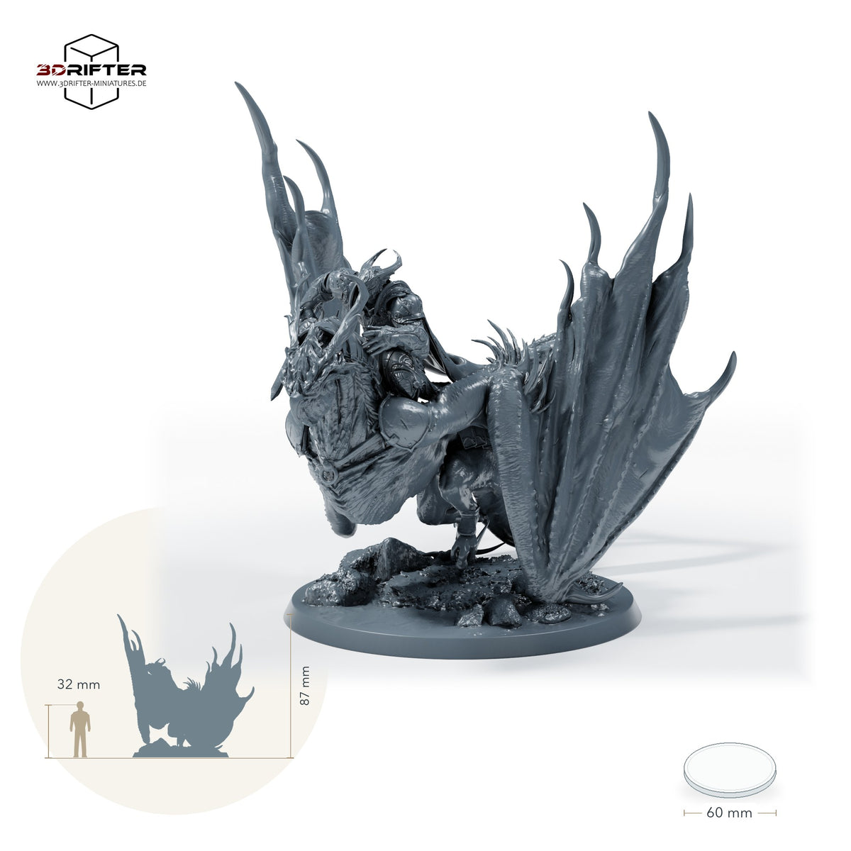 Wyvernreiter auf gepanzerter Wyvern – Mit Reiter: Größenvergleich, ca. 87 mm Gesamthöhe inklusive Base und höchstem Teil, mit 32-mm-Referenzfigur.
