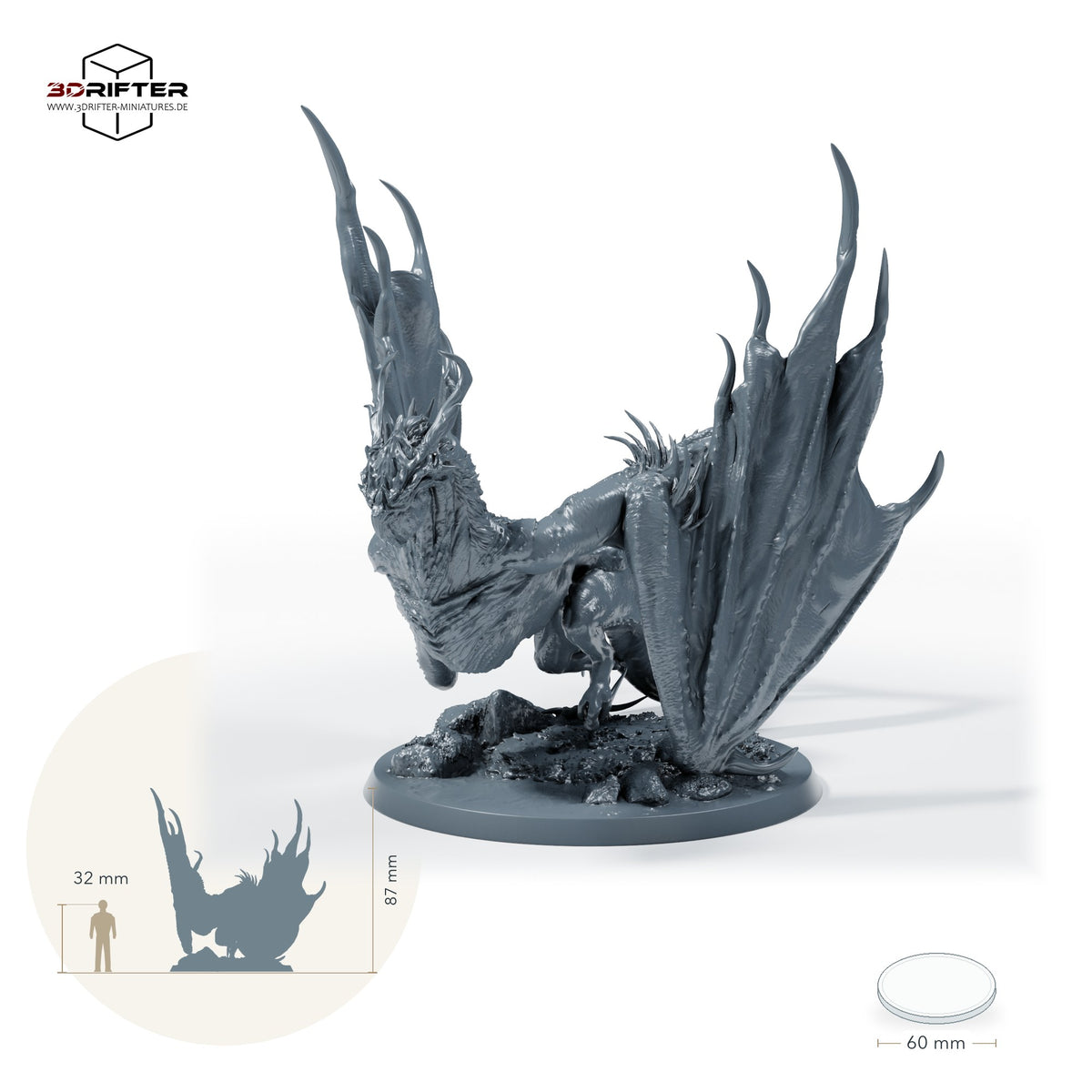 Wyvernreiter auf gepanzerter Wyvern – Ohne Reiter: Größenvergleich, ca. 87 mm Gesamthöhe inklusive Base und höchstem Teil, mit 32-mm-Referenzfigur.