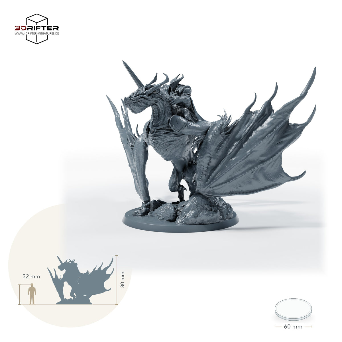 Wyvernreiter mit Schwert – Mit Reiter: Größenvergleich, ca. 80 mm Gesamthöhe inklusive Base und höchstem Teil, mit 32-mm-Referenzfigur.