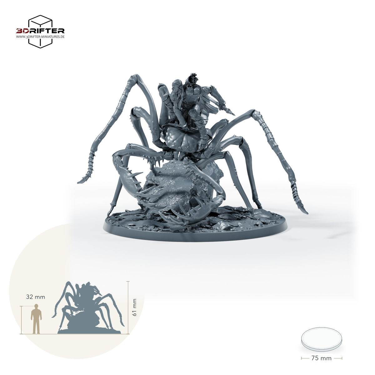 Dunkelelf Speerreiter auf Arachnoiden-Monstrum, Spinnen-/Krabben-Reittier mit Scheren, Lanze/Gleve, Monsterreiter, Bossmonster: Größenvergleich, ca. 61 mm Gesamthöhe inklusive Base und höchstem Teil, mit 32-mm-Referenzfigur.