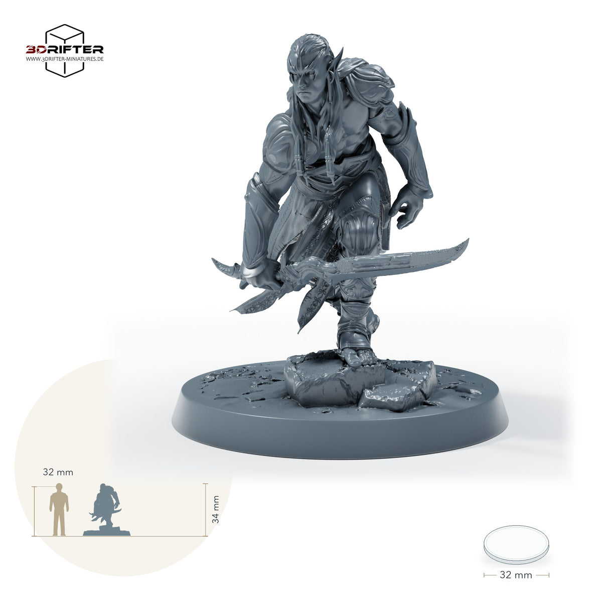 Dunkelelf / Dark Elf Assassine und Duellant, Schattenklinge mit zwei gekrümmten Klingen: Größenvergleich, ca. 34 mm Gesamthöhe inklusive Base und höchstem Teil, mit 32-mm-Referenzfigur.