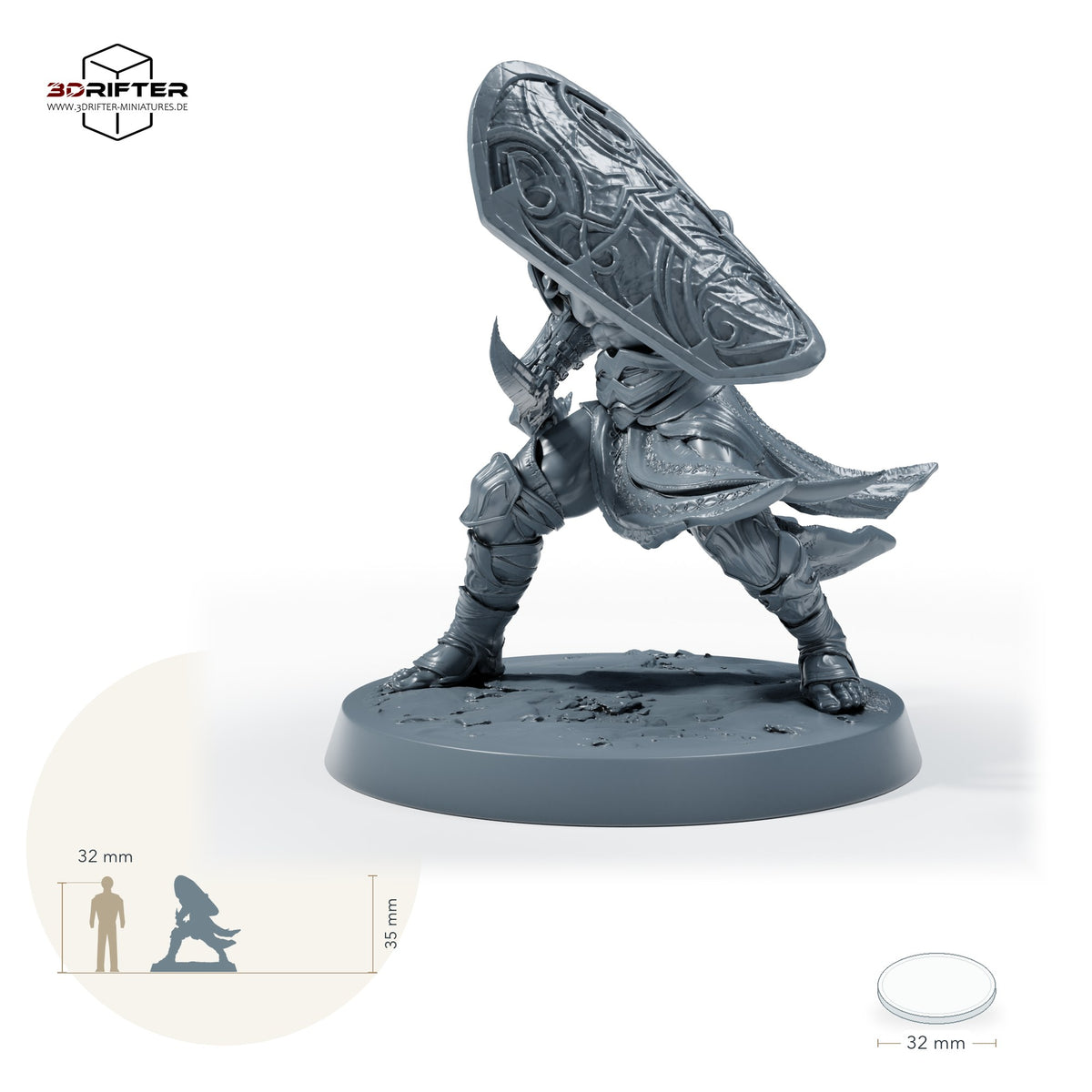 Dunkelelf Dark Elf Schildkrieger, Wächter mit Großschild und Kurzschwert: Größenvergleich, ca. 35 mm Gesamthöhe inklusive Base und höchstem Teil, mit 32-mm-Referenzfigur.
