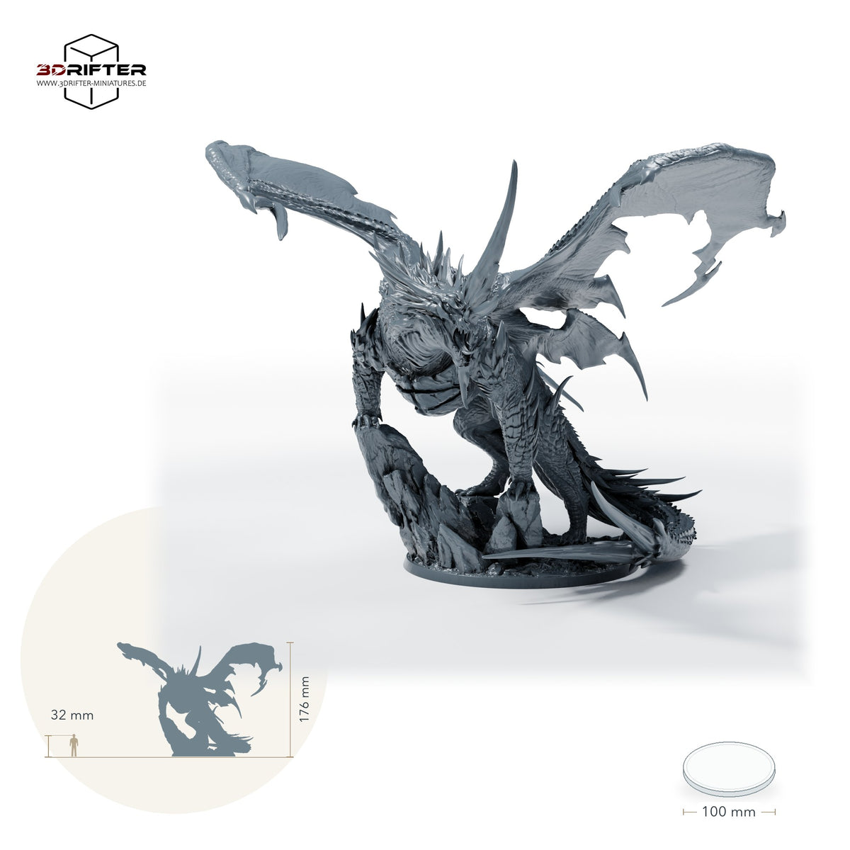 Alter Drache mit Flügeln: Größenvergleich, ca. 176 mm Gesamthöhe inklusive Base und höchstem Teil, mit 32-mm-Referenzfigur.