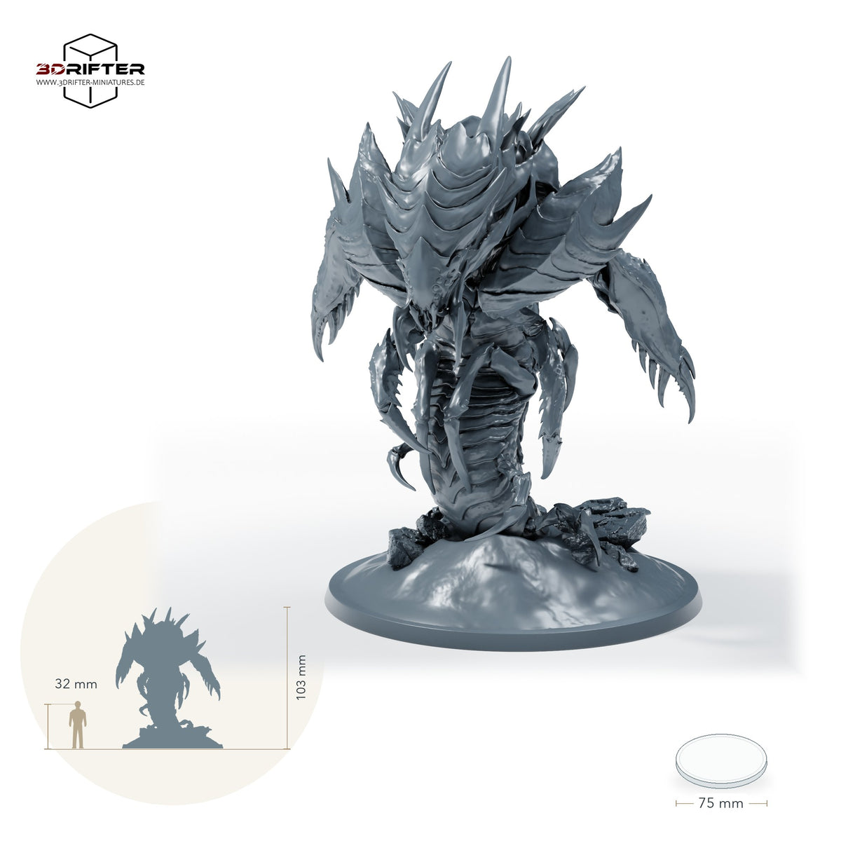 Ankheg-Insektenmonster mit Klauen: Größenvergleich, ca. 103 mm Gesamthöhe inklusive Base und höchstem Teil, mit 32-mm-Referenzfigur.